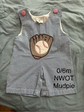 Mud Pie Blue Gingham Baseball Shortall with Pink Buttons